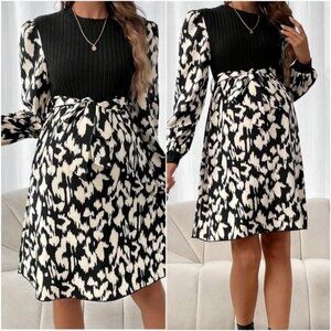 Maternity leopard Print Belted Long sleeve Dress